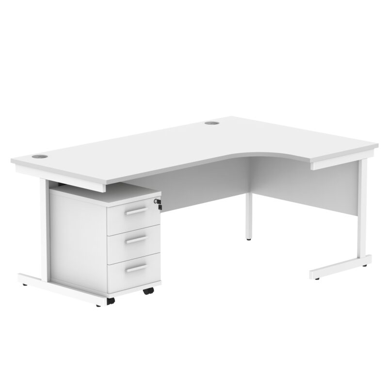 Single Upright Right Hand Radial Desk + 3 Drawer Mobile Under Desk Pedestal | 1800 X 1200 | Arctic White/White