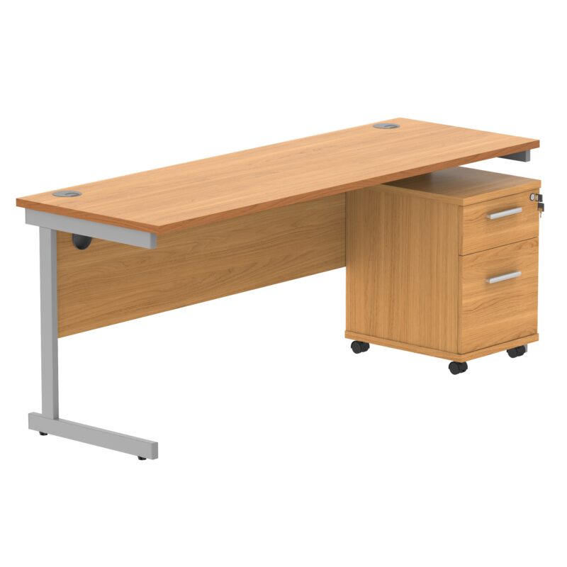 Single Upright Rectangular Desk + 2 Drawer Mobile Under Desk Pedestal | 1800 X 600 | Norwegian Beech/Silver