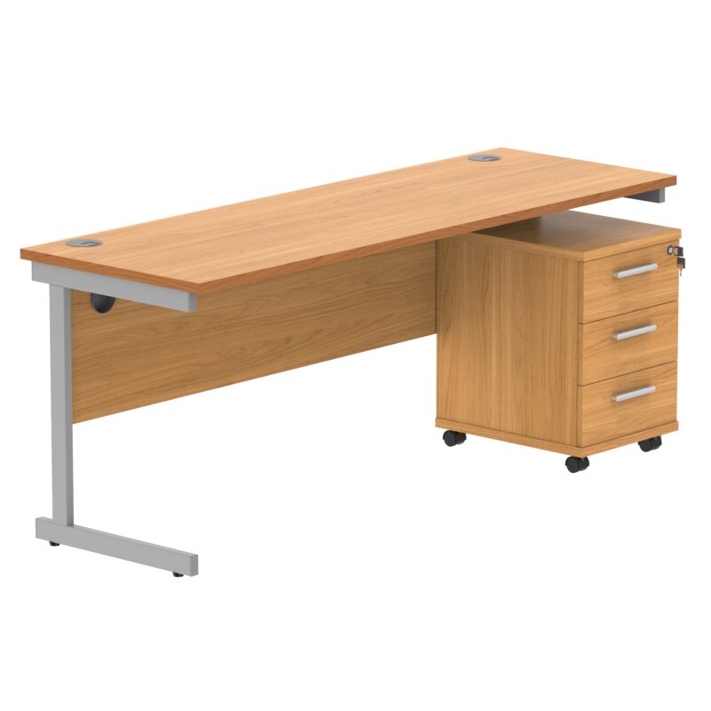 Single Upright Rectangular Desk + 3 Drawer Mobile Under Desk Pedestal | 1800 X 600 | Norwegian Beech/Silver