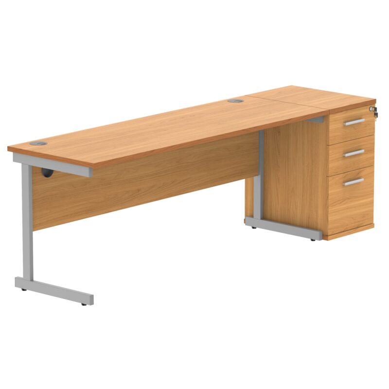 Single Upright Rectangular Desk + Desk High Pedestal | 1800 X 600 | Norwegian Beech/Silver