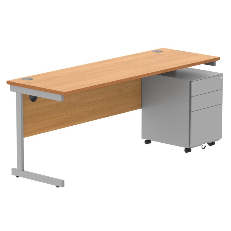 CORE Single Upright Rectangular Desk + Under Desk Steel Pedestal 3 Drawers | 1800 X 600 | Norwegian Beech/Silver