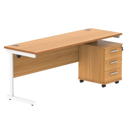 Single Upright Rectangular Desk + 3 Drawer Mobile Under Desk Pedestal | 1800 X 600 | Norwegian Beech/White