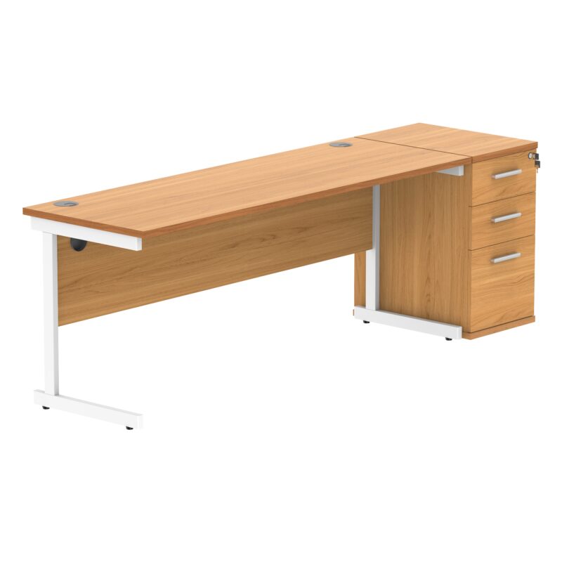 Single Upright Rectangular Desk + Desk High Pedestal | 1800 X 600 | Norwegian Beech/White