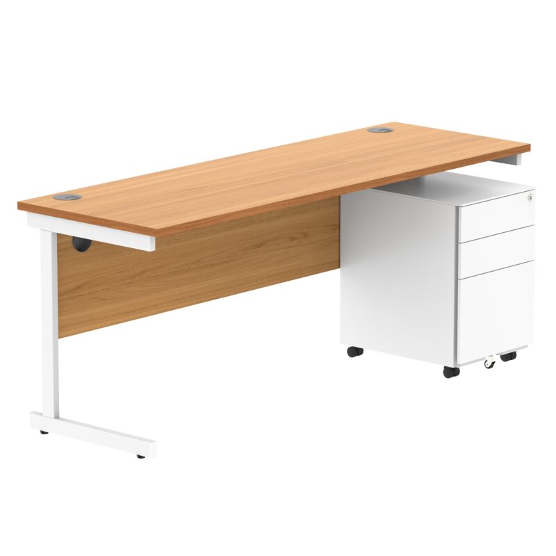 CORE Single Upright Rectangular Desk + Under Desk Steel Pedestal 3 Drawers | 1800 X 600 | Norwegian Beech/White