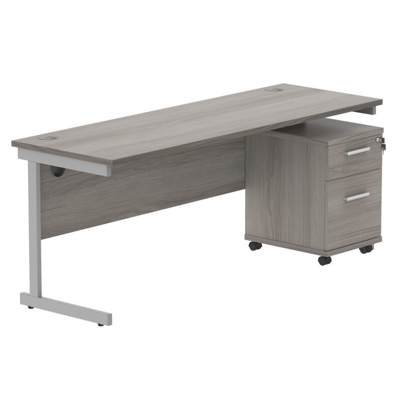 Single Upright Rectangular Desk + 2 Drawer Mobile Under Desk Pedestal | 1800 X 600 | Alaskan Grey Oak/Silver