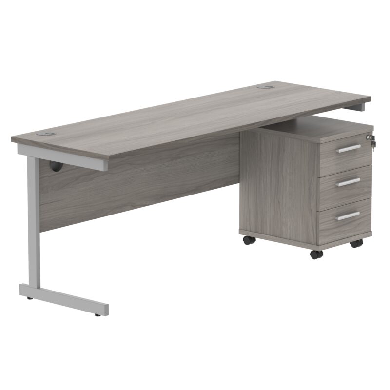 Single Upright Rectangular Desk + 3 Drawer Mobile Under Desk Pedestal | 1800 X 600 | Alaskan Grey Oak/Silver