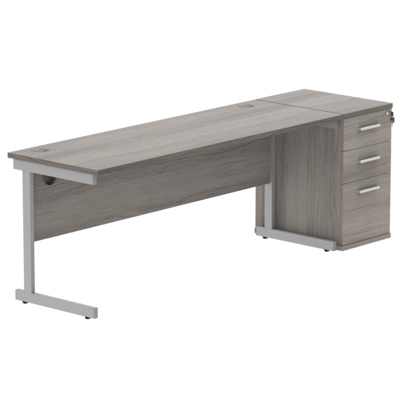 Single Upright Rectangular Desk + Desk High Pedestal | 1800 X 600 | Alaskan Grey Oak/Silver