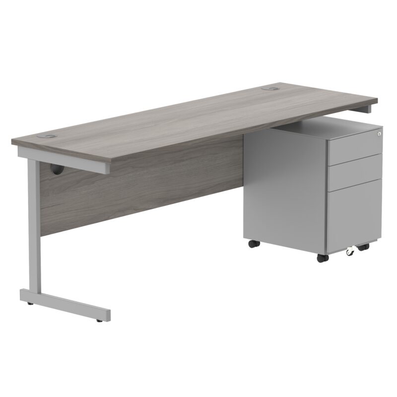 CORE Single Upright Rectangular Desk + Under Desk Steel Pedestal 3 Drawers | 1800 X 600 | Alaskan Grey Oak/Silver