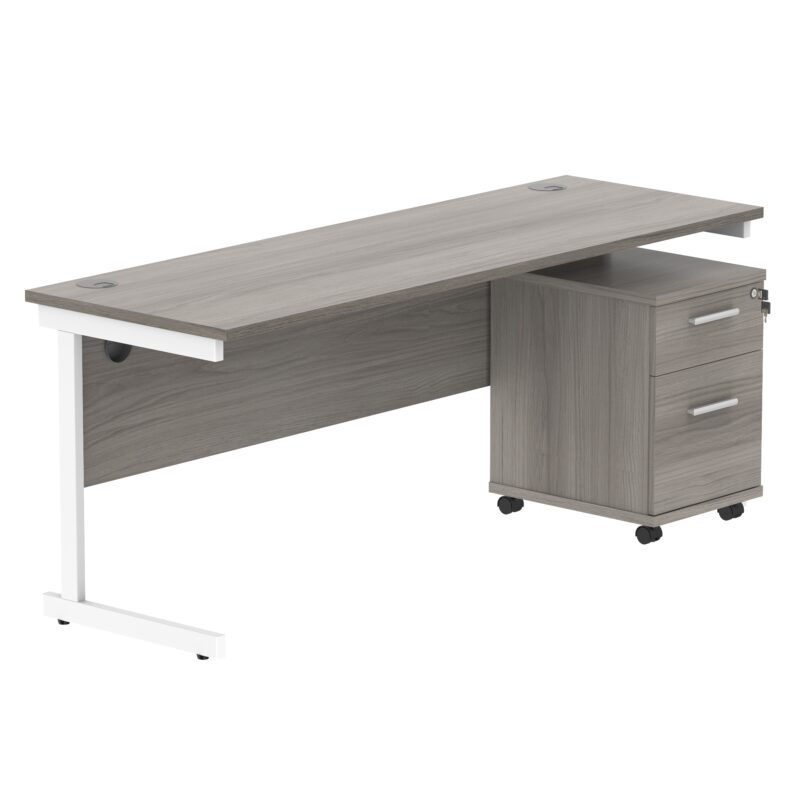 Single Upright Rectangular Desk + 2 Drawer Mobile Under Desk Pedestal | 1800 X 600 | Alaskan Grey Oak/White