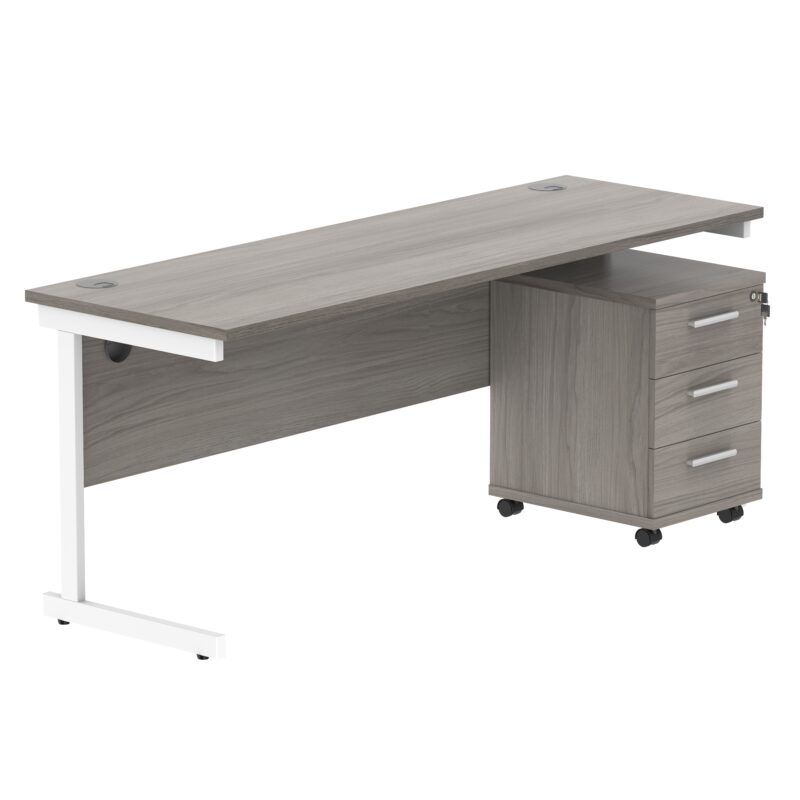 Single Upright Rectangular Desk + 3 Drawer Mobile Under Desk Pedestal | 1800 X 600 | Alaskan Grey Oak/White