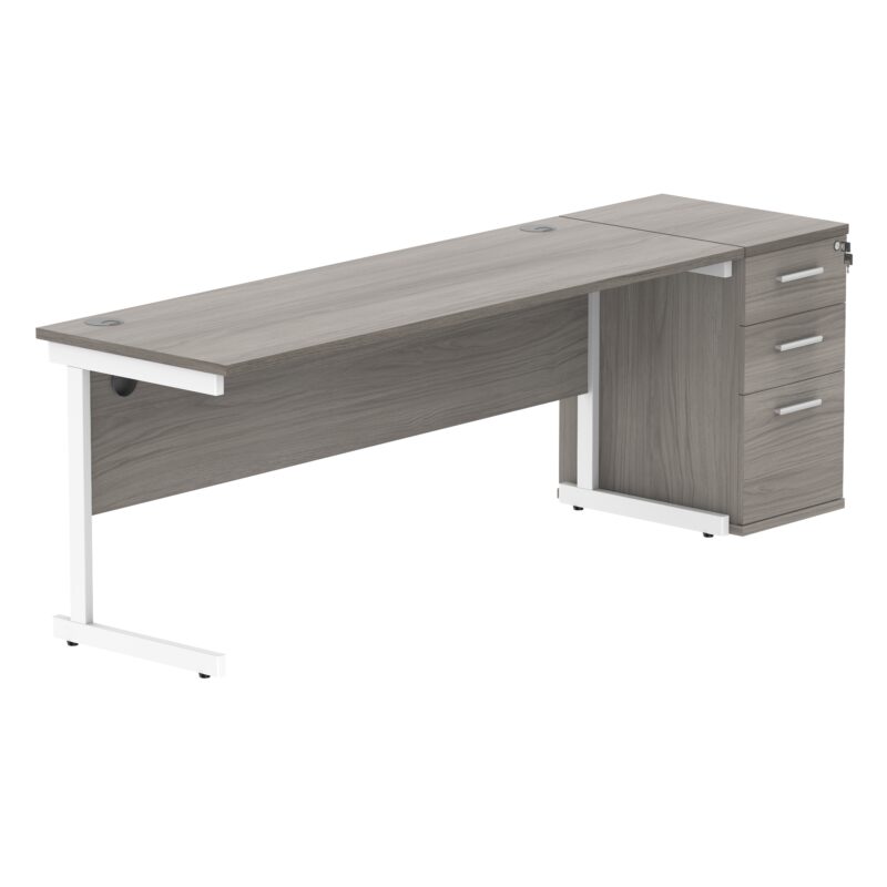 Single Upright Rectangular Desk + Desk High Pedestal | 1800 X 600 | Alaskan Grey Oak/White