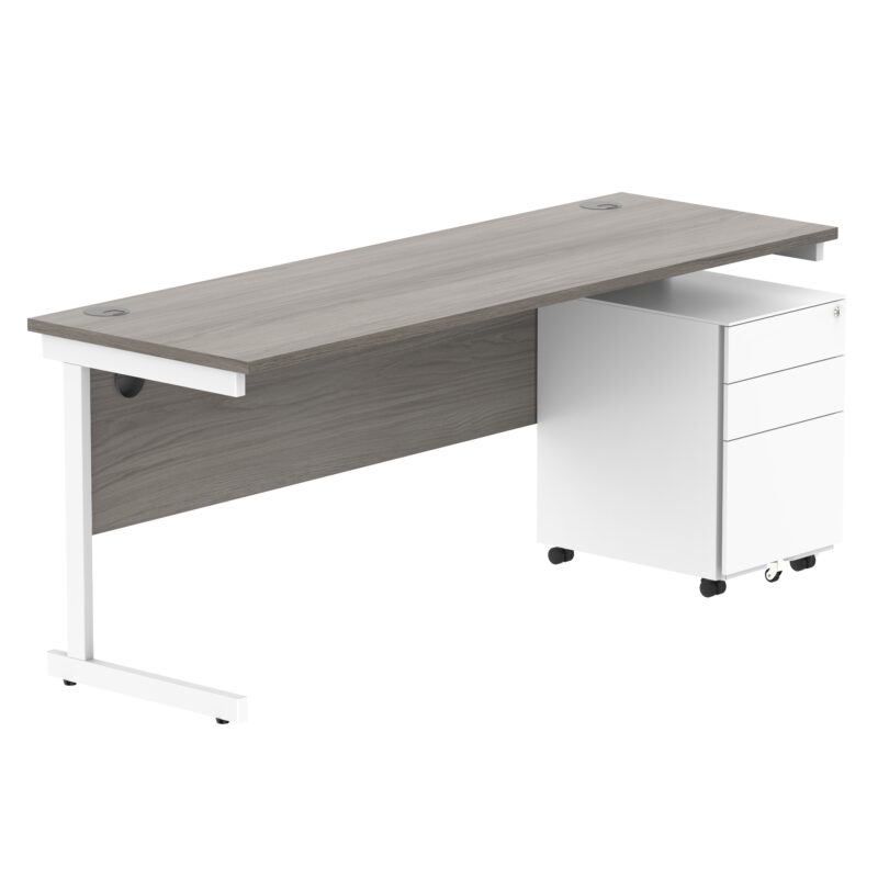 CORE Single Upright Rectangular Desk + Under Desk Steel Pedestal 3 Drawers | 1800 X 600 | Alaskan Grey Oak/White