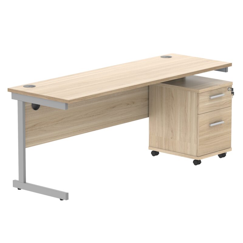 Single Upright Rectangular Desk + 2 Drawer Mobile Under Desk Pedestal | 1800 X 600 | Canadian Oak/Silver