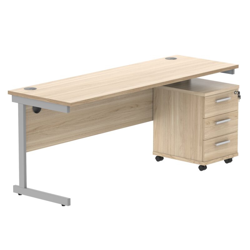 Single Upright Rectangular Desk + 3 Drawer Mobile Under Desk Pedestal | 1800 X 600 | Canadian Oak/Silver