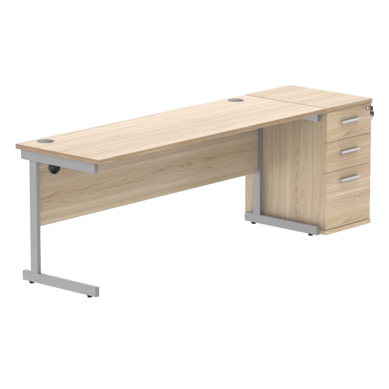 Single Upright Rectangular Desk + Desk High Pedestal | 1800 X 600 | Canadian Oak/Silver