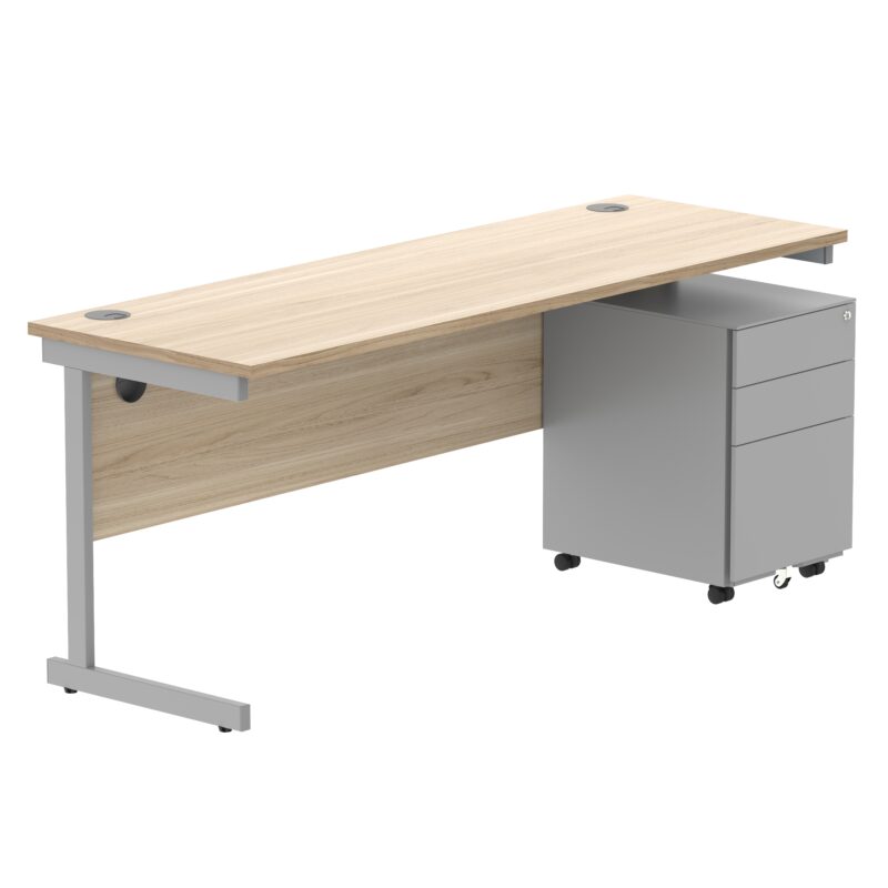 CORE Single Upright Rectangular Desk + Under Desk Steel Pedestal 3 Drawers | 1800 X 600 | Canadian Oak/Silver