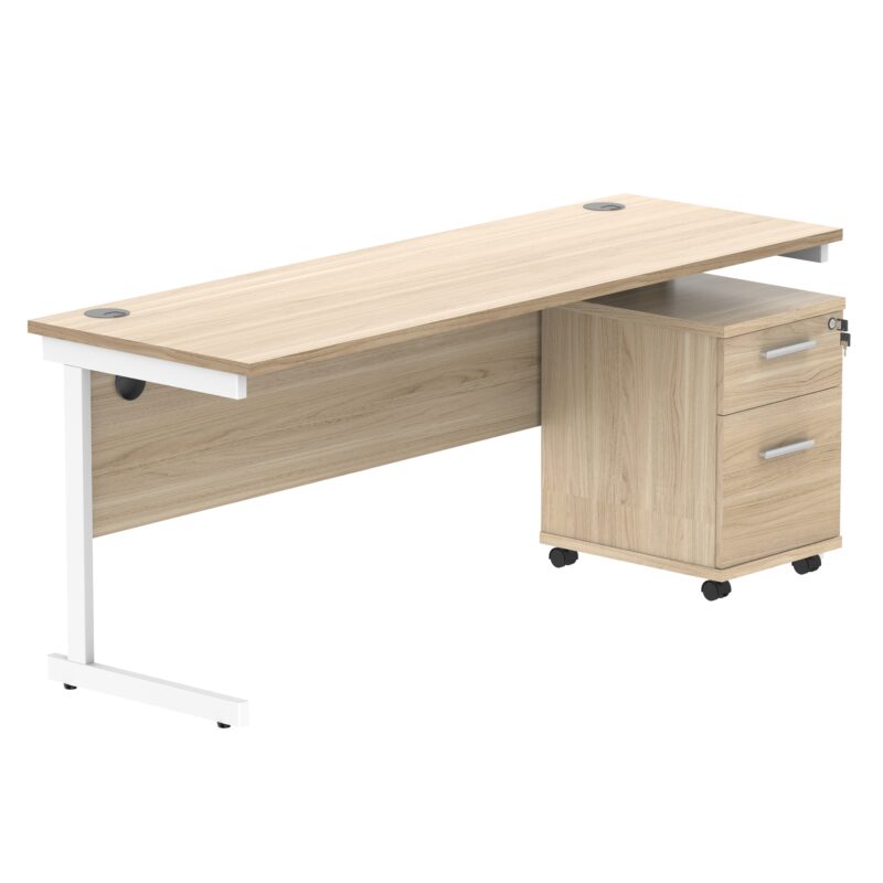 Single Upright Rectangular Desk + 2 Drawer Mobile Under Desk Pedestal | 1800 X 600 | Canadian Oak/White