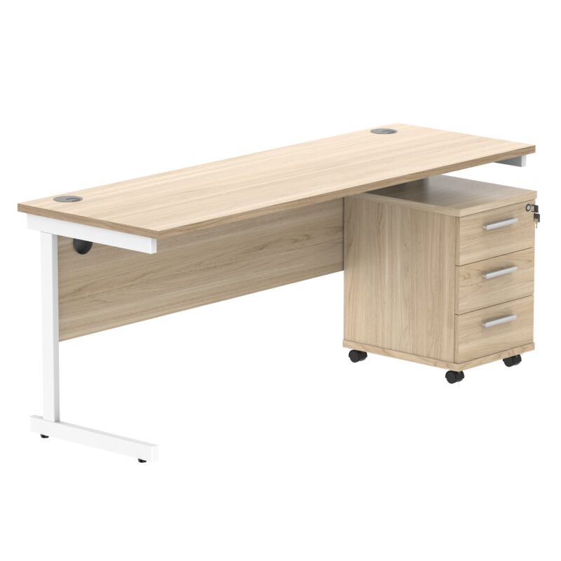 Single Upright Rectangular Desk + 3 Drawer Mobile Under Desk Pedestal | 1800 X 600 | Canadian Oak/White