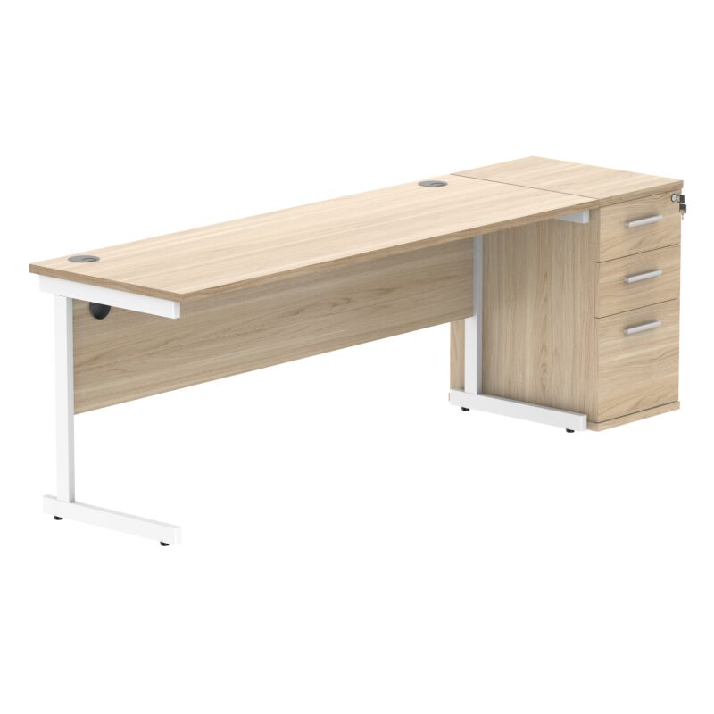 Single Upright Rectangular Desk + Desk High Pedestal | 1800 X 600 | Canadian Oak/White