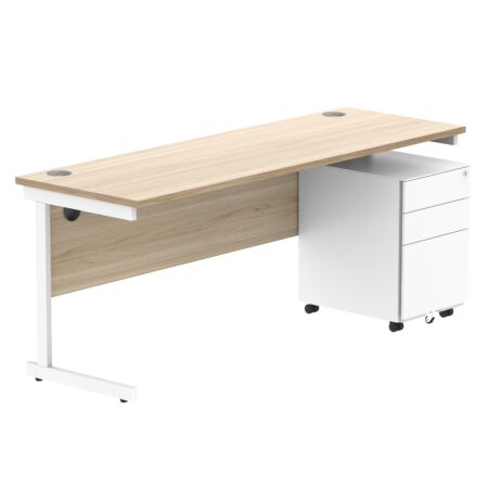 CORE Single Upright Rectangular Desk + Under Desk Steel Pedestal 3 Drawers | 1800 X 600 | Canadian Oak/White