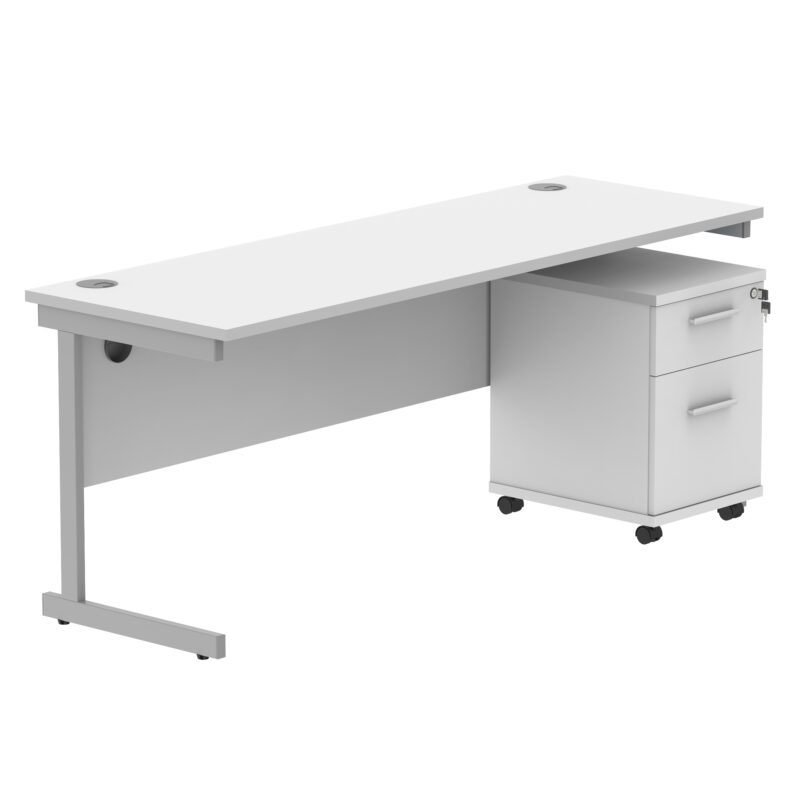 Single Upright Rectangular Desk + 2 Drawer Mobile Under Desk Pedestal | 1800 X 600 | Arctic White/Silver