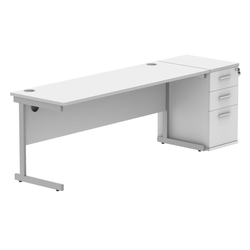 Single Upright Rectangular Desk + Desk High Pedestal | 1800 X 600 | Arctic White/Silver