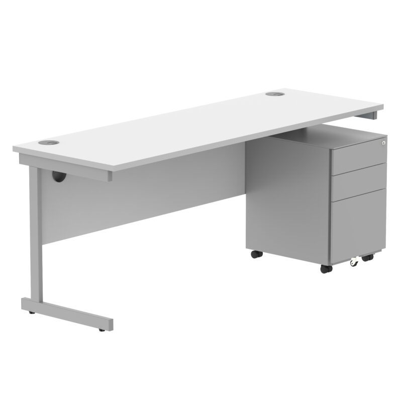 CORE Single Upright Rectangular Desk + Under Desk Steel Pedestal 3 Drawers | 1800 X 600 | Arctic White/Silver