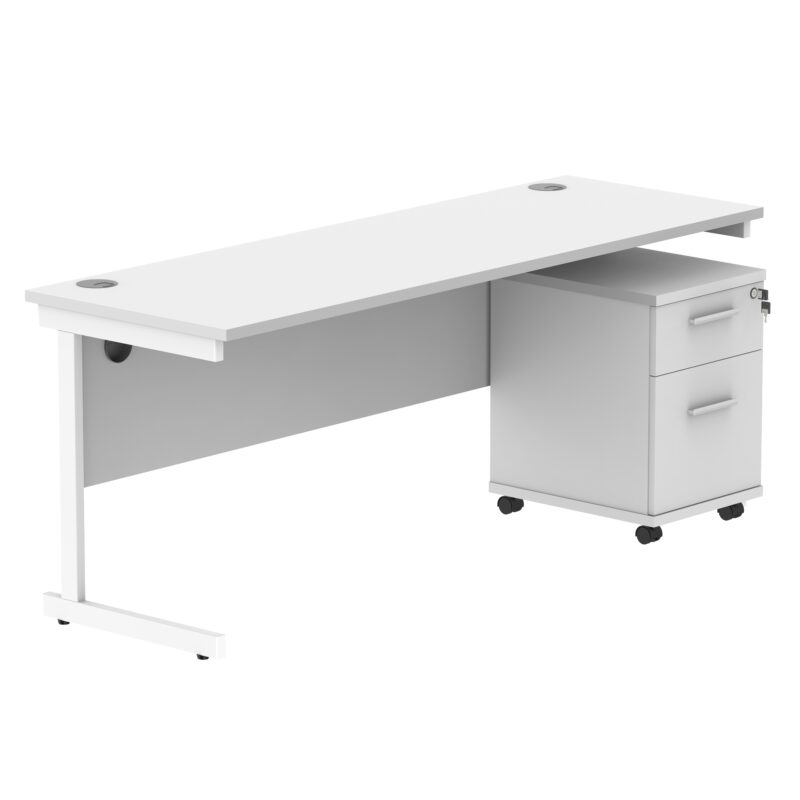 Single Upright Rectangular Desk + 2 Drawer Mobile Under Desk Pedestal | 1800 X 600 | Arctic White/White