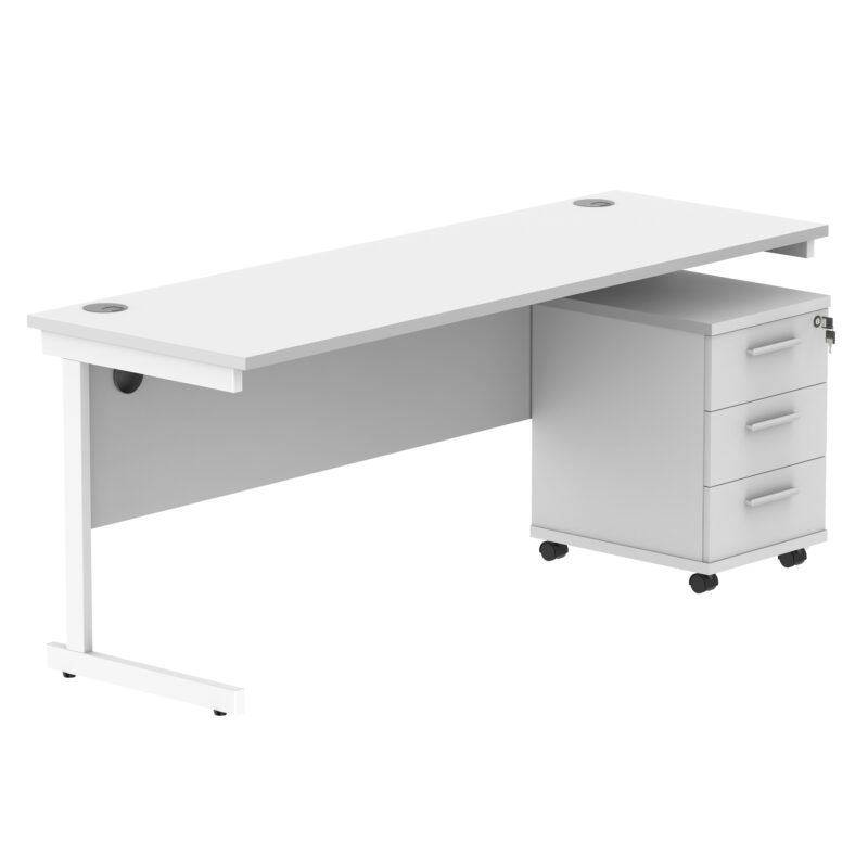 Single Upright Rectangular Desk + 3 Drawer Mobile Under Desk Pedestal | 1800 X 600 | Arctic White/White