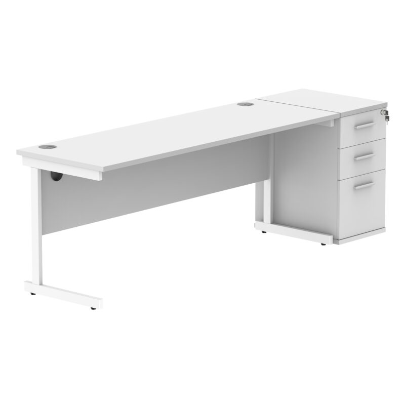 Single Upright Rectangular Desk + Desk High Pedestal | 1800 X 600 | Arctic White/White