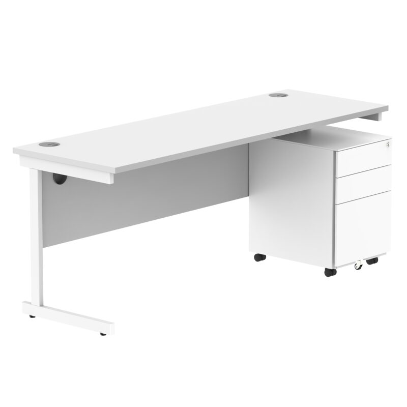 CORE Single Upright Rectangular Desk + Under Desk Steel Pedestal 3 Drawers | 1800 X 600 | Arctic White/White