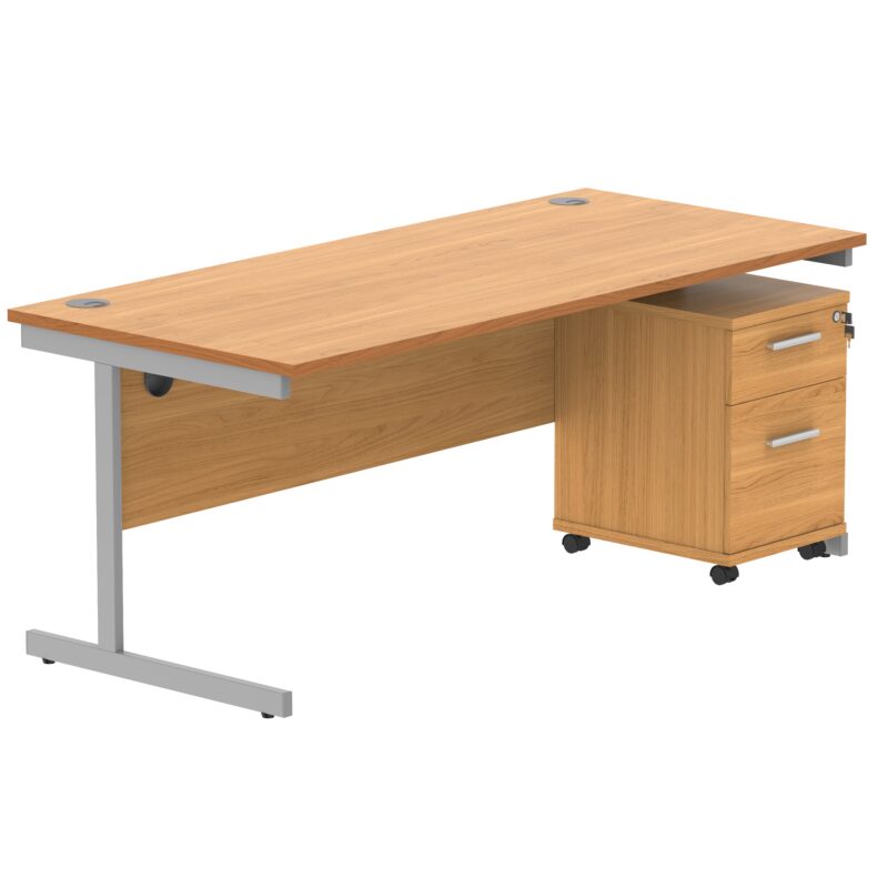 Single Upright Rectangular Desk + 2 Drawer Mobile Under Desk Pedestal | 1800 X 800 | Norwegian Beech/Silver