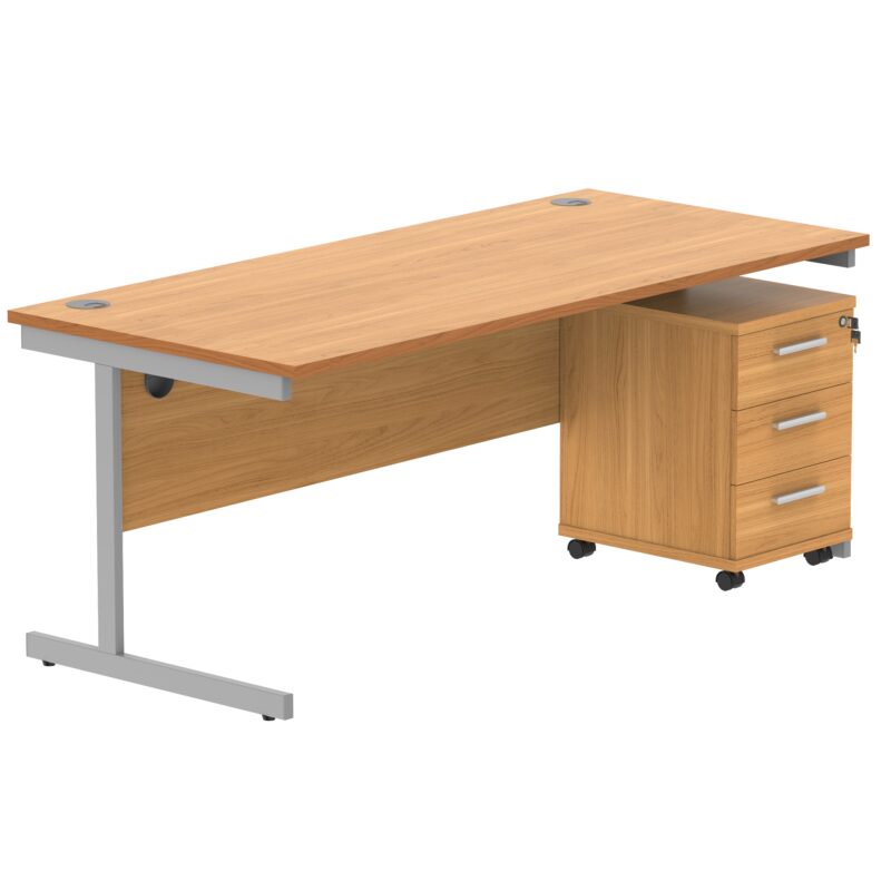 Single Upright Rectangular Desk + 3 Drawer Mobile Under Desk Pedestal | 1800 X 800 | Norwegian Beech/Silver