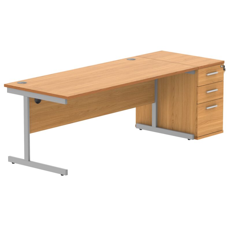 Single Upright Rectangular Desk + Desk High Pedestal | 1800 X 800 | Norwegian Beech/Silver