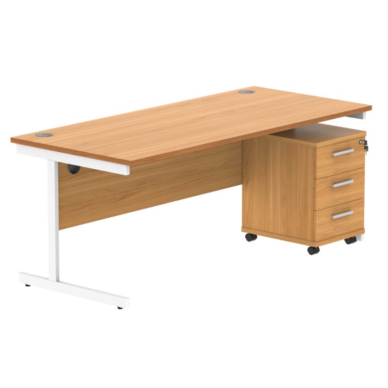 Single Upright Rectangular Desk + 3 Drawer Mobile Under Desk Pedestal | 1800 X 800 | Norwegian Beech/White