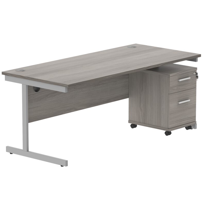 Single Upright Rectangular Desk + 2 Drawer Mobile Under Desk Pedestal | 1800 X 800 | Alaskan Grey Oak/Silver