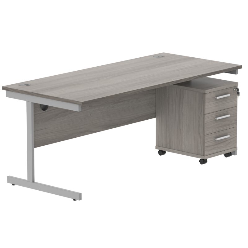 Single Upright Rectangular Desk + 3 Drawer Mobile Under Desk Pedestal | 1800 X 800 | Alaskan Grey Oak/Silver