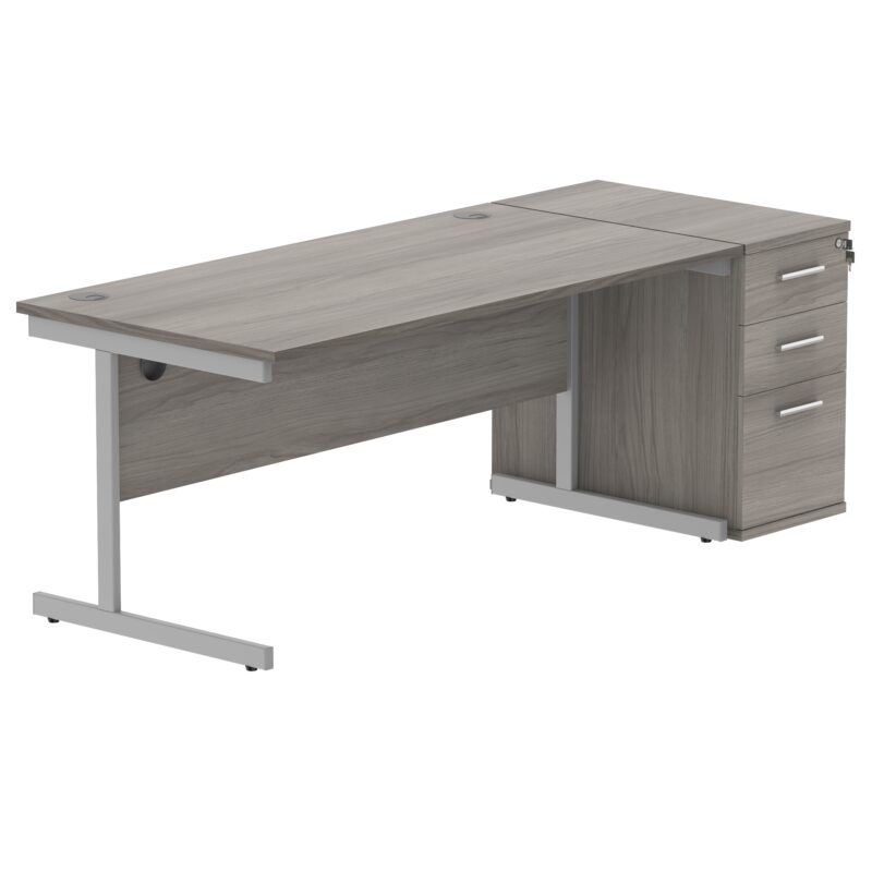 Single Upright Rectangular Desk + Desk High Pedestal | 1800 X 800 | Alaskan Grey Oak/Silver