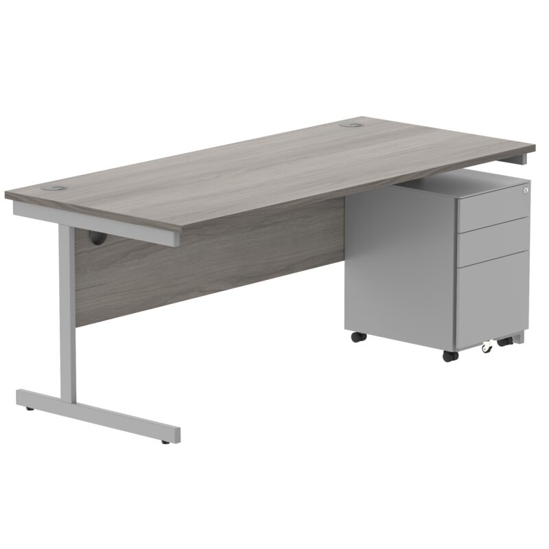 CORE Single Upright Rectangular Desk + Under Desk Steel Pedestal 3 Drawers | 1800 X 800 | Alaskan Grey Oak/Silver