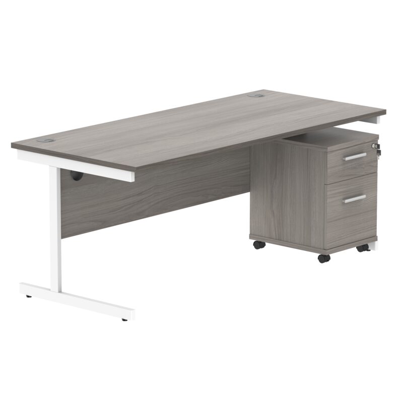 Single Upright Rectangular Desk + 2 Drawer Mobile Under Desk Pedestal | 1800 X 800 | Alaskan Grey Oak/White