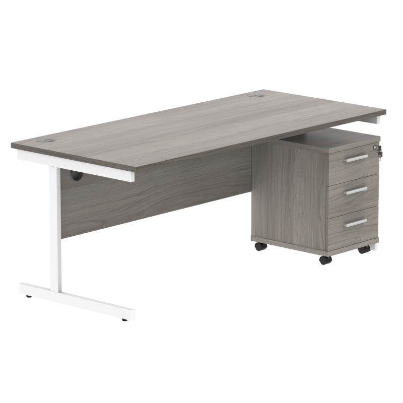 Single Upright Rectangular Desk + 3 Drawer Mobile Under Desk Pedestal | 1800 X 800 | Alaskan Grey Oak/White