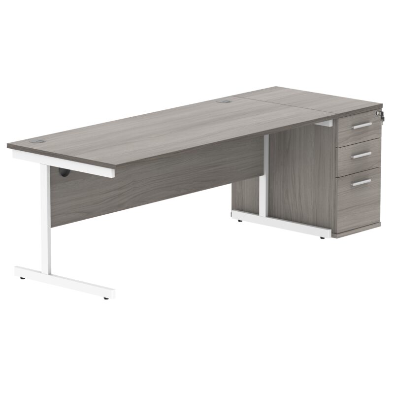 Single Upright Rectangular Desk + Desk High Pedestal | 1800 X 800 | Alaskan Grey Oak/White