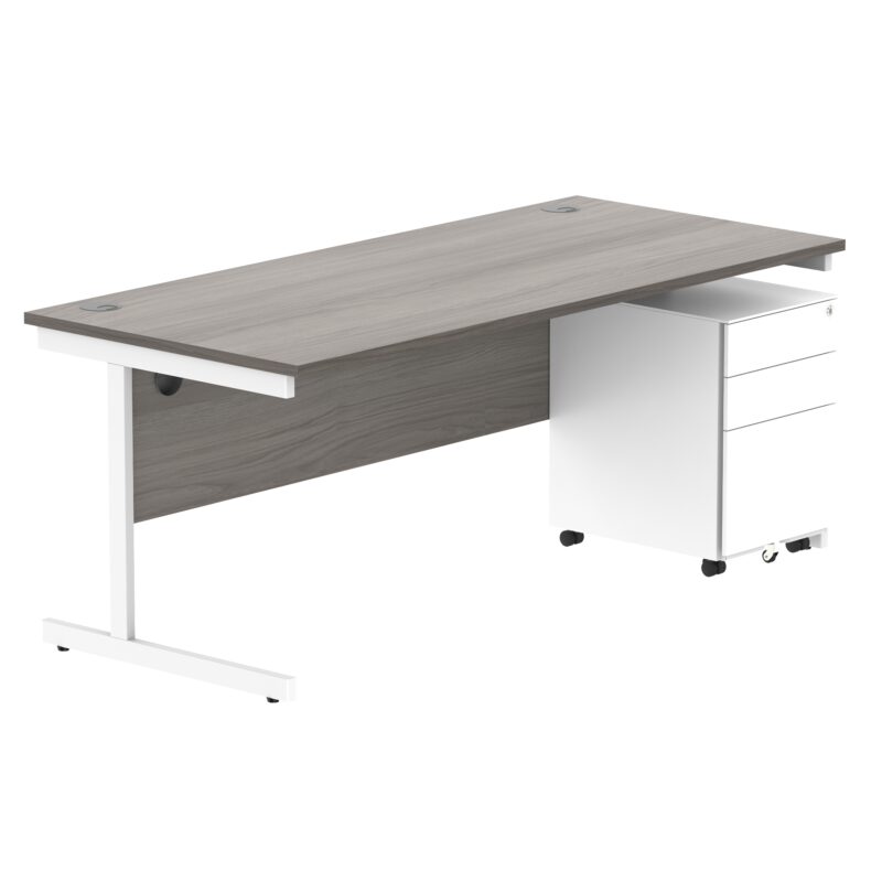 CORE Single Upright Rectangular Desk + Under Desk Steel Pedestal 3 Drawers | 1800 X 800 | Alaskan Grey Oak/White