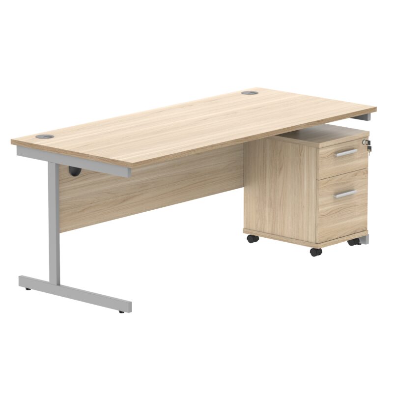 Single Upright Rectangular Desk + 2 Drawer Mobile Under Desk Pedestal | 1800 X 800 | Canadian Oak/Silver