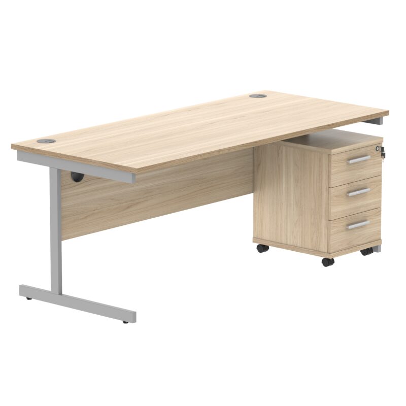 Single Upright Rectangular Desk + 3 Drawer Mobile Under Desk Pedestal | 1800 X 800 | Canadian Oak/Silver