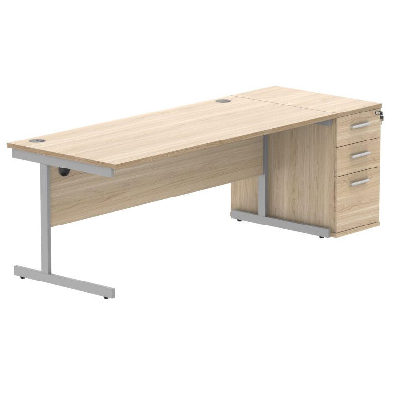 Single Upright Rectangular Desk + Desk High Pedestal | 1800 X 800 | Canadian Oak/Silver