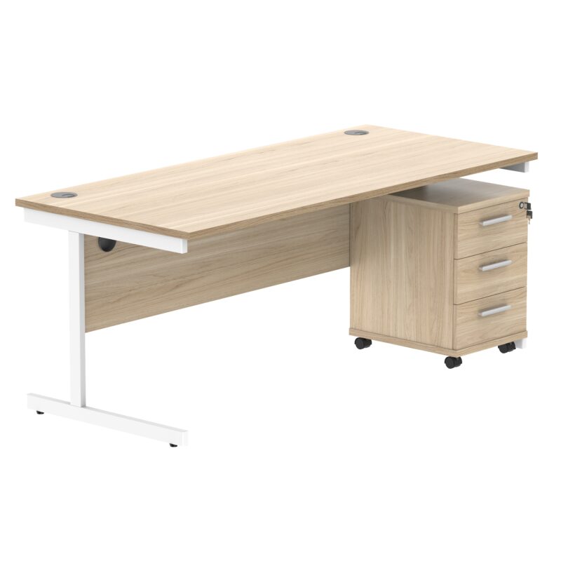 Single Upright Rectangular Desk + 3 Drawer Mobile Under Desk Pedestal | 1800 X 800 | Canadian Oak/White