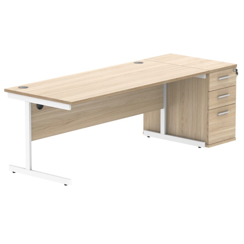 Single Upright Rectangular Desk + Desk High Pedestal | 1800 X 800 | Canadian Oak/White