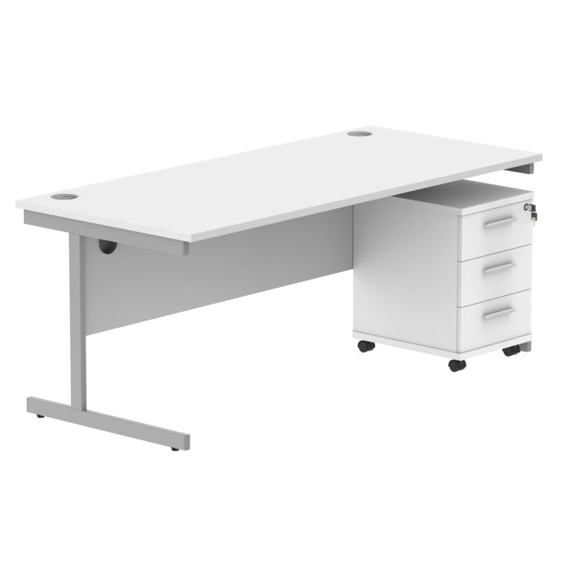 Single Upright Rectangular Desk + 3 Drawer Mobile Under Desk Pedestal | 1800 X 800 | Arctic White/Silver