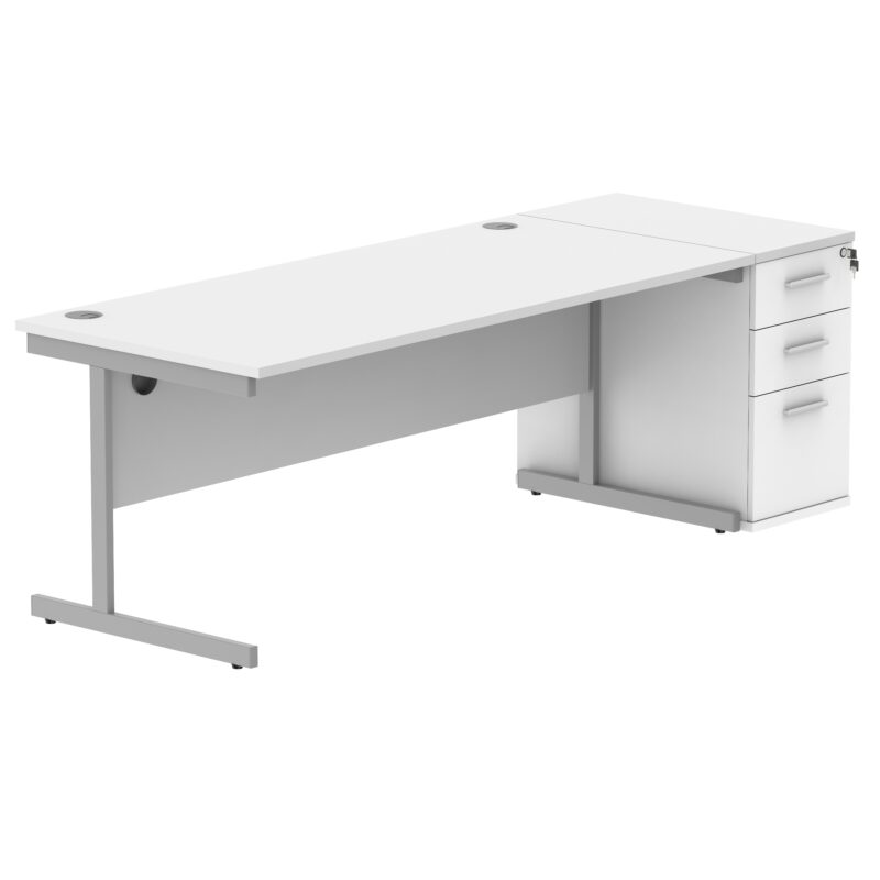 Single Upright Rectangular Desk + Desk High Pedestal | 1800 X 800 | Arctic White/Silver